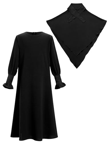 OBEEII Abaya for Girl Muslim Long Sleeve Prayer Dress Toddler Ramadan Kaftan Abaya with Hijab Islamic Full Cover Clothing Arabic Eid Middle East Robes Dubai Jilbab Wedding Guest Gown Black 5-6 Years - Image 3
