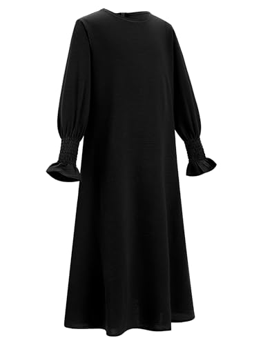OBEEII Abaya for Girl Muslim Long Sleeve Prayer Dress Toddler Ramadan Kaftan Abaya with Hijab Islamic Full Cover Clothing Arabic Eid Middle East Robes Dubai Jilbab Wedding Guest Gown Black 5-6 Years - Image 4