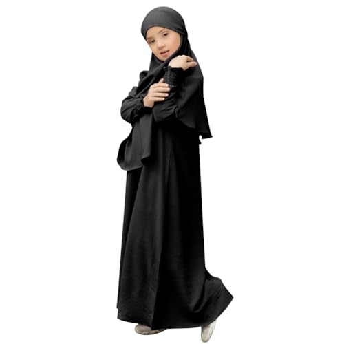 OBEEII Abaya for Girl Muslim Long Sleeve Prayer Dress Toddler Ramadan Kaftan Abaya with Hijab Islamic Full Cover Clothing Arabic Eid Middle East Robes Dubai Jilbab Wedding Guest Gown Black 5-6 Years - Image 1