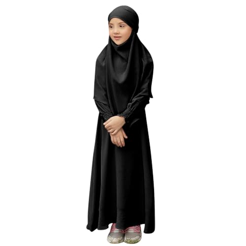 OBEEII Abaya for Girl Muslim Long Sleeve Prayer Dress Toddler Ramadan Kaftan Abaya with Hijab Islamic Full Cover Clothing Arabic Eid Middle East Robes Dubai Jilbab Wedding Guest Gown Black 5-6 Years - Image 2