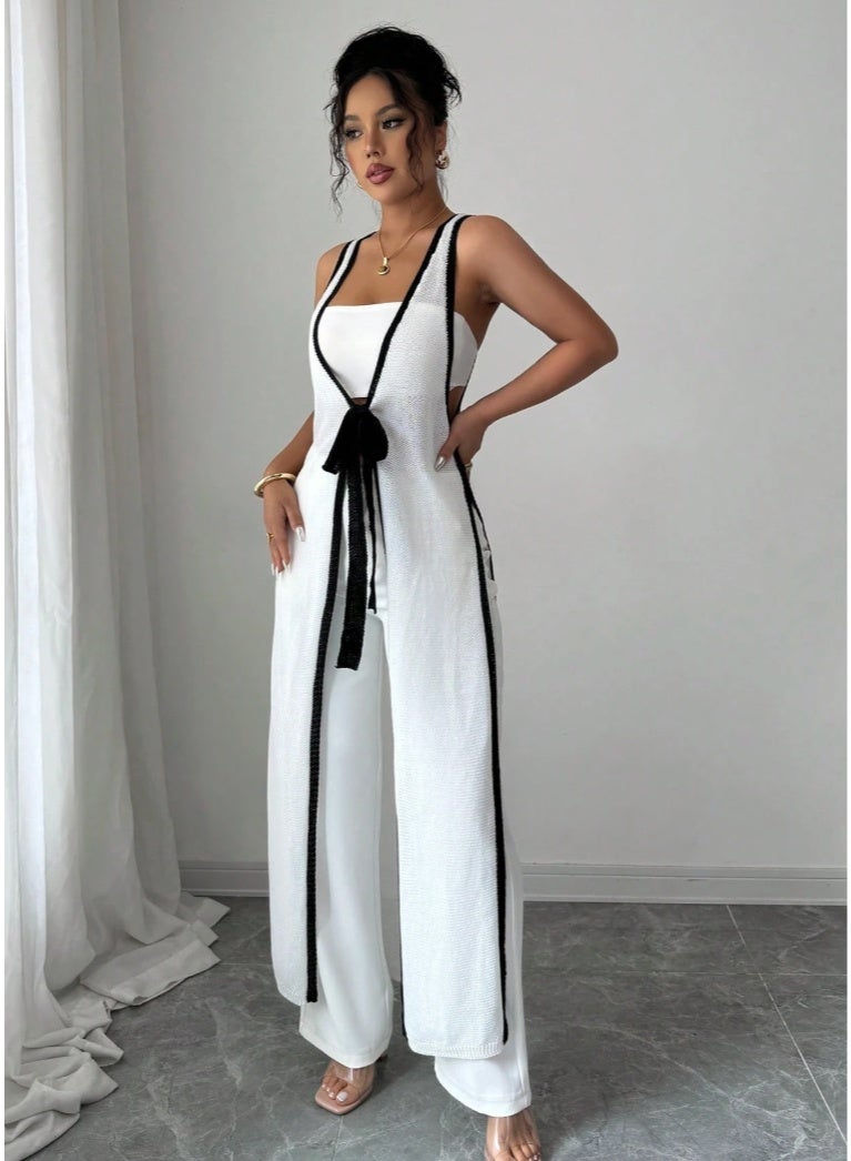 SHEINWomen's Sleeveless V-Neck Super Long Knitted Cover Up, Casual Lightweight Color Block Fring - Image 1