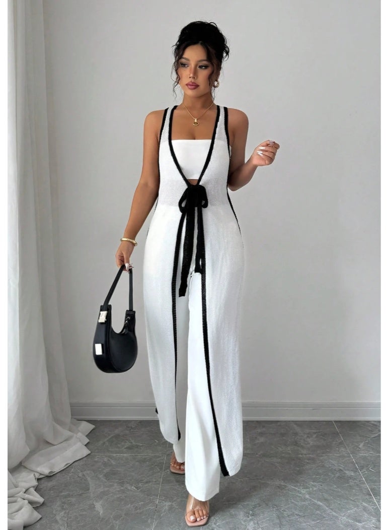 SHEINWomen's Sleeveless V-Neck Super Long Knitted Cover Up, Casual Lightweight Color Block Fring - Image 4