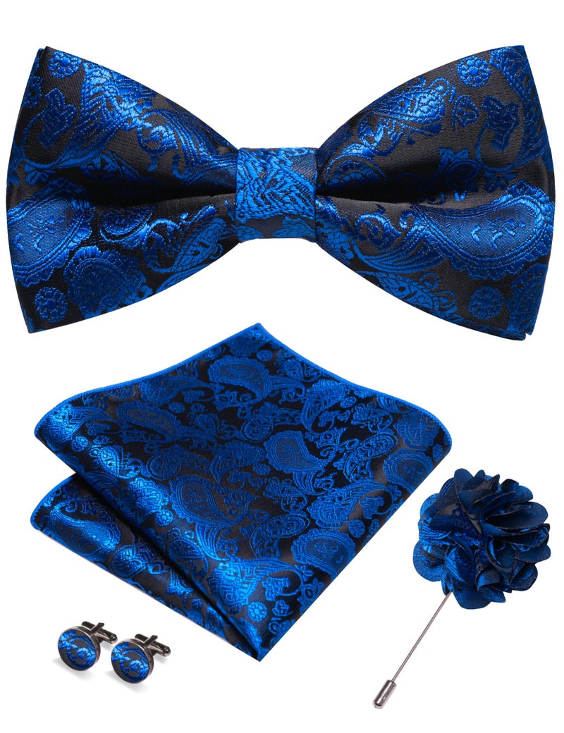 JEMYGINS Royal Blue Paisley Bow Tie Pre-tied Bowtie and Pocket Square Cufflinks Lapel Pin Sets for Men(9) - Image 1