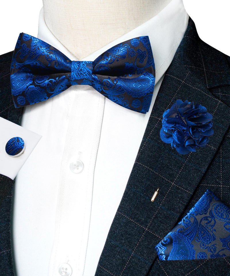 JEMYGINS Royal Blue Paisley Bow Tie Pre-tied Bowtie and Pocket Square Cufflinks Lapel Pin Sets for Men(9) - Image 2