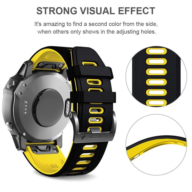 ANCOOL for Fenix 6X Pro Watch Band/Fenix 5X Watch Band/Fenix 7X Watch Band 26MM Silicone Watch Band for Fenix 8 51mm/6X/5X Plus/7X Pro(Black-Yellow) - Image 5