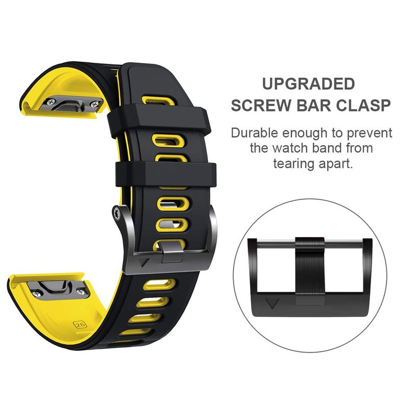 ANCOOL for Fenix 6X Pro Watch Band/Fenix 5X Watch Band/Fenix 7X Watch Band 26MM Silicone Watch Band for Fenix 8 51mm/6X/5X Plus/7X Pro(Black-Yellow) - Image 3