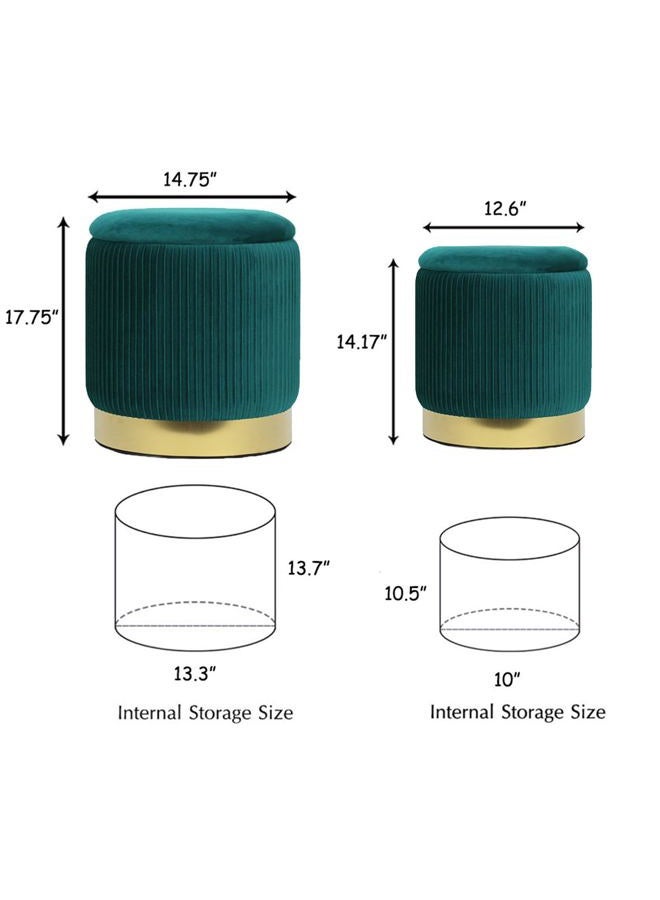 2BYF Round Ottoman with Storage Set of 2 Upholstered Velvet Vanity Stool for Living Room Storage Ottomans Multifunctional Foot Rest (Velvet-Green) - Image 2