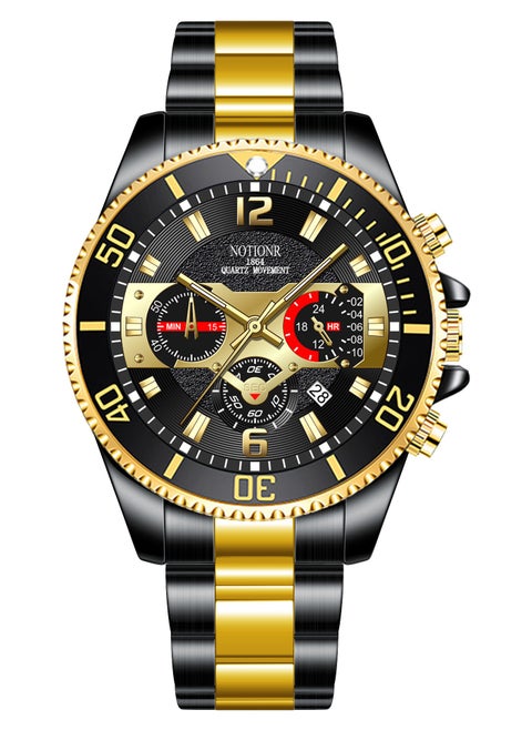 Men's Stainless Steel ,Big Face Gold Black Tone Easy to Read Analog Quartz Watch, Luxury Waterproof Date  Arabic Numerals Dial,Single Rotating Bezel