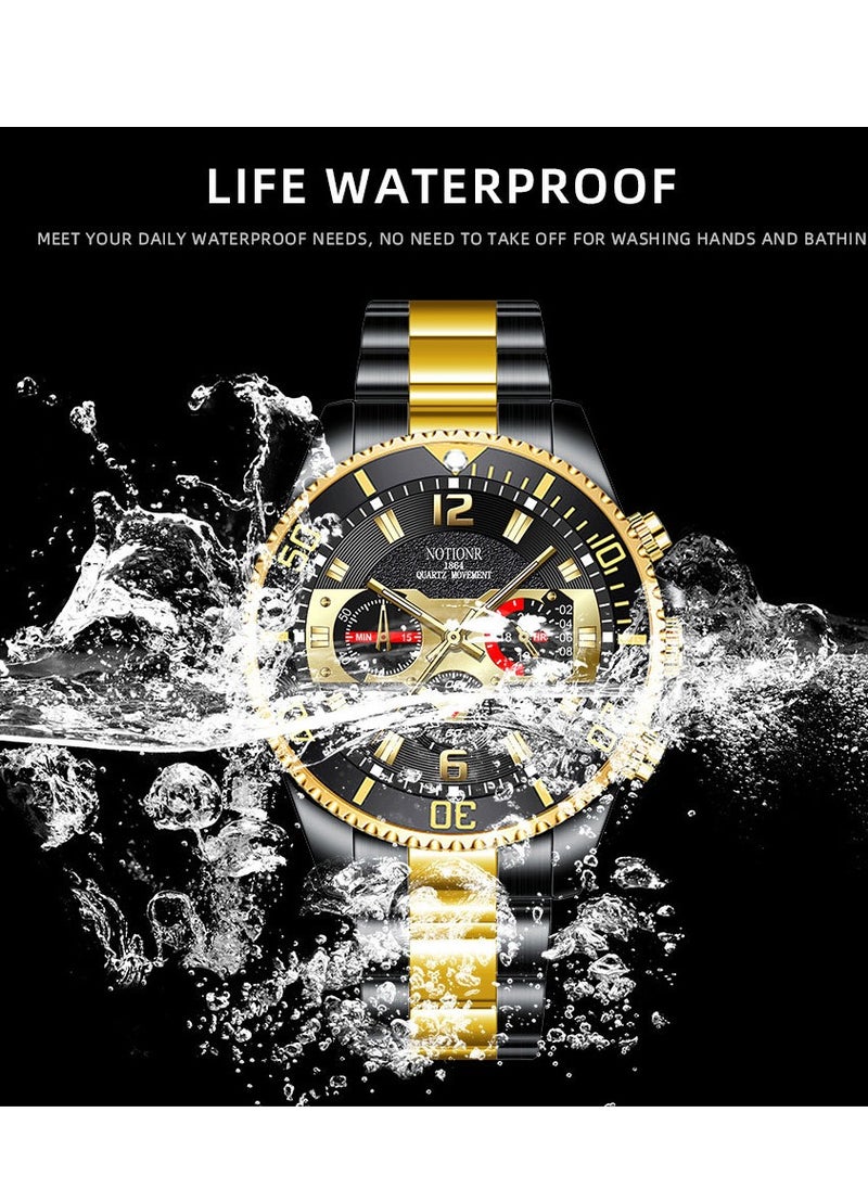 Men's Stainless Steel ,Big Face Gold Black Tone Easy to Read Analog Quartz Watch, Luxury Waterproof Date  Arabic Numerals Dial,Single Rotating Bezel