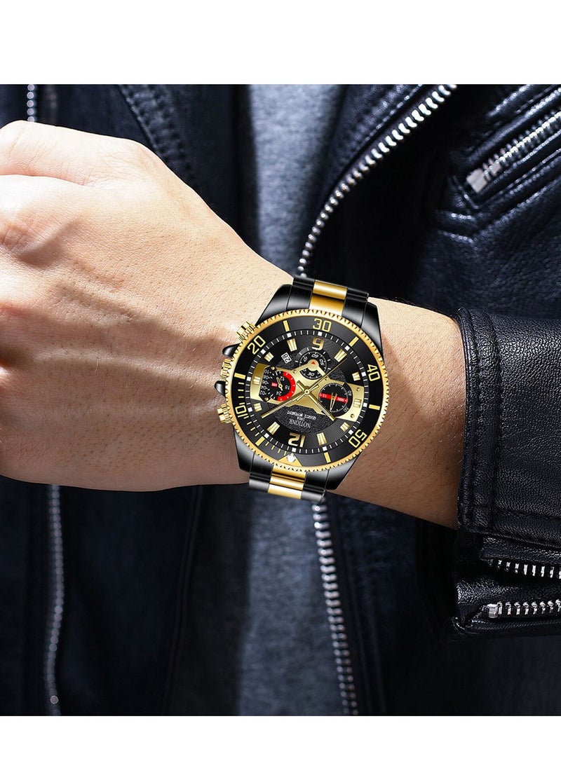 Men's Stainless Steel ,Big Face Gold Black Tone Easy to Read Analog Quartz Watch, Luxury Waterproof Date  Arabic Numerals Dial,Single Rotating Bezel