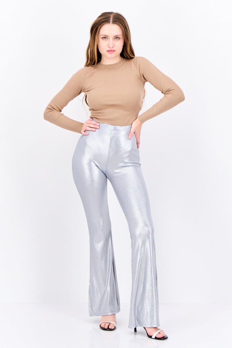 Bershka Women Metallic Wide Leg Pants, Silver - Image 4