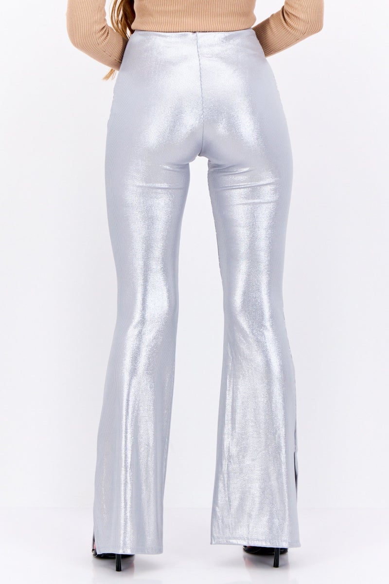 Bershka Women Metallic Wide Leg Pants, Silver - Image 3