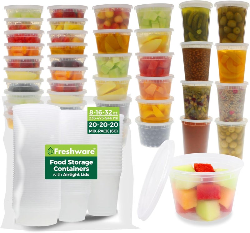 Freshware Food Storage Containers with Lids [8/16/32 oz x 20 each, 60 sets] Deli Containers, Microwave and Freezer Safe, Stackable, Leakproof, BPA Free, Clear - Image 1