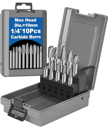 Sworker 10Pcs Carbide Burr Set 1/4 Shank w/Grey Box Max Head Dia 10mm Die Grinder Bits Rotary Tools Attachment Kit Rasp Accessories Metal Wood Stone Steel Grinding Deburring Cutting Porting Carving - Image 1