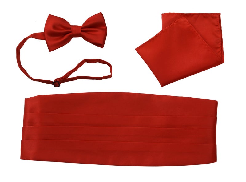 Salutto Tuxedos Girdle Cummerbund Bow Tie Pocket Square Handkerchief Set Girdle Formal Solid Color Red - Image 1