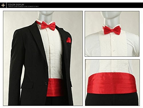 Salutto Tuxedos Girdle Cummerbund Bow Tie Pocket Square Handkerchief Set Girdle Formal Solid Color Red - Image 5