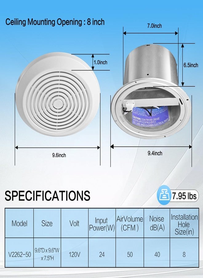 Zeikiwe V2262-50 7 Inch Bathroom Exhaust Fan, 50 CFM Quiet Ceiling Vent Fan, 1.0 Sones Low Noise Extractor for 8" Opening, Through Wall Exhaust fan for Home, Bathroom, Laundry and Garage - Image 2
