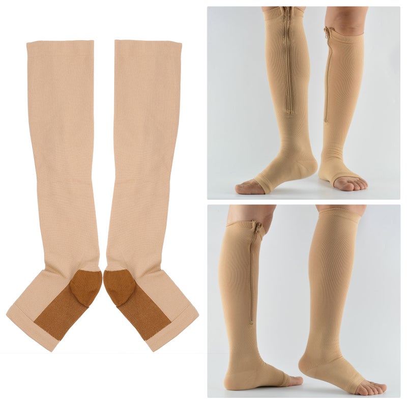 1Pair Zipper Mid Calf Length Sock Compression Stockings Stretch Socks Open Toe Chaussettes à fermeture éclair (couleur de peau + fond de bronze) L / XL - Image 4