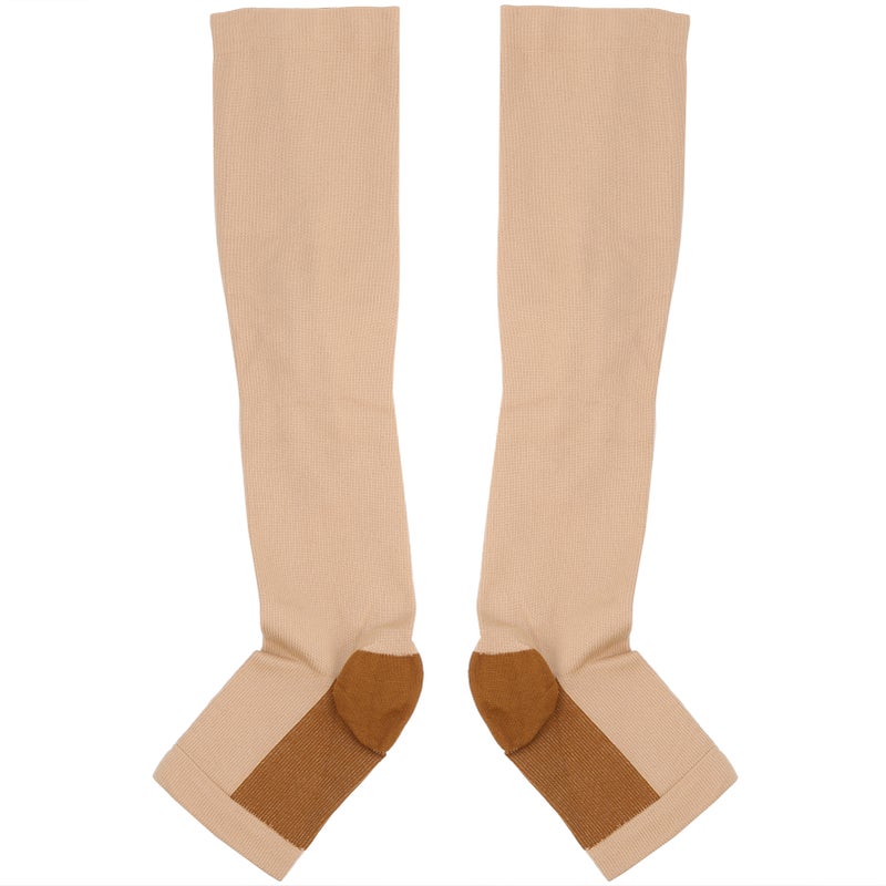 1Pair Zipper Mid Calf Length Sock Compression Stockings Stretch Socks Open Toe Chaussettes à fermeture éclair (couleur de peau + fond de bronze) L / XL - Image 2