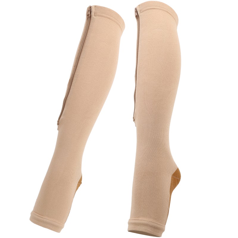 1Pair Zipper Mid Calf Length Sock Compression Stockings Stretch Socks Open Toe Chaussettes à fermeture éclair (couleur de peau + fond de bronze) L / XL - Image 1