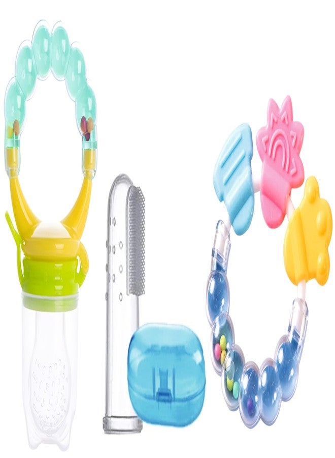 Roforuf Baby 1-Rattle Teether 1-rattle Fruit feeder 1-baby Finger Manual Toothbrush for Newborn baby BPA Free Natural Organic Teether for Babies/Pacifier Leak-Proof Seal with Safety Lock/finger brush Best For Massaging & Cleaning Gums ideal for Newborn Infant and toddler (pack-3) - Image 1