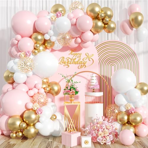 Biapian Pink and White Balloon Arch Kit, 121PCS Pink and Gold Balloon Garland Pastal Pink White Gold Confetti Balloons for Girls Birthday Baby Shower Wedding Bridal Shower Party Decorations - Image 1