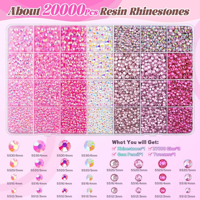 BELLEBOOST 20000Pcs Pink Rhinestones for Bedazzling with 3Pcs B7000 Jewelry Glue, Resin Rhinestones for Crafting Craftsï¼ŒBedazzler Kit Flatback Gems for Clothing Shoes Tumblers Nail Art - Image 2