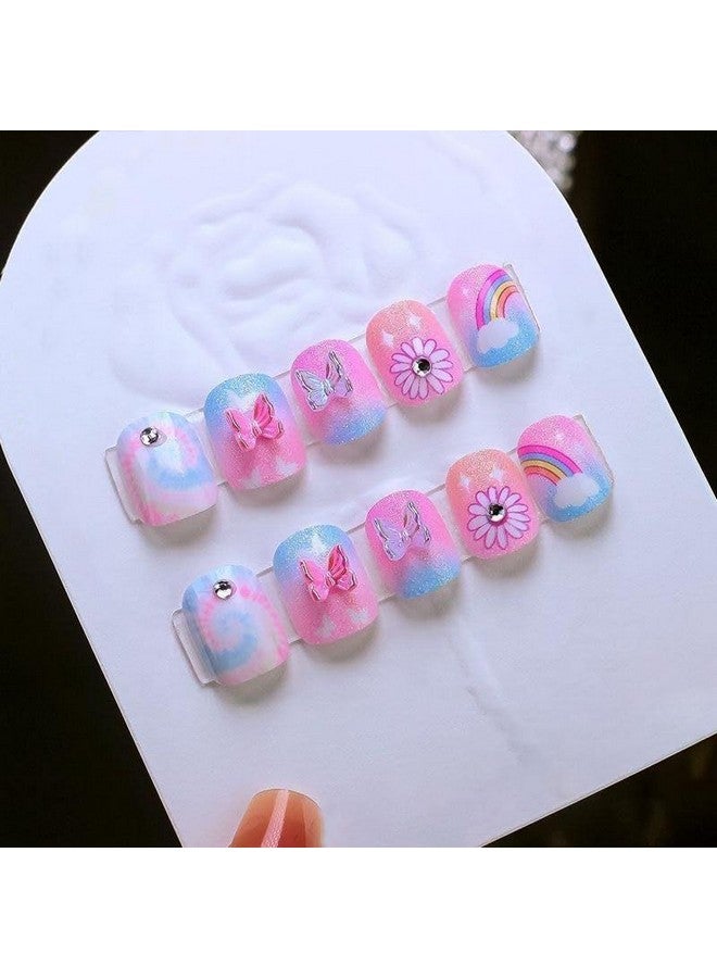KISKY Girl's Press On Nails Multi Color Trendy Acrylic Nails with Rhinestones and Bows 12 Pc Set Durable Easy Application Safe for Children Multi Color & Design. - Image 1