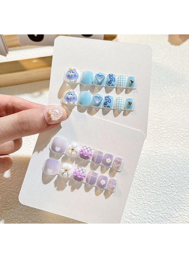 KISKY Girl's Press On Nails Multi Color Trendy Acrylic Nails with Rhinestones and Bows 12 Pc Set Durable Easy Application Safe for Children Multi Color & Design. - Image 2