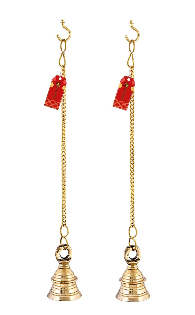 UAPAN Brass Gold Wall Hanging Bell with Chain and Hanging Hook for Home Mandir Temple Decorative I Puja Room (Pack of 2 Nos) (2.5 inch) - Image 2