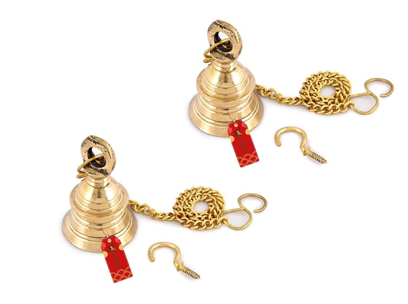 UAPAN Brass Gold Wall Hanging Bell with Chain and Hanging Hook for Home Mandir Temple Decorative I Puja Room (Pack of 2 Nos) (2.5 inch) - Image 1