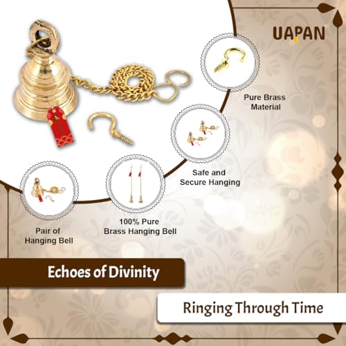 UAPAN Brass Gold Wall Hanging Bell with Chain and Hanging Hook for Home Mandir Temple Decorative I Puja Room (Pack of 2 Nos) (2.5 inch) - Image 4