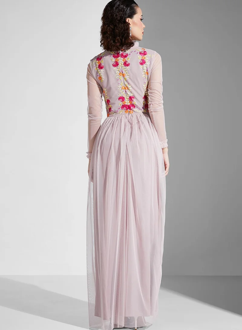Frock and Frill Embellished Plisse Mesh Dress