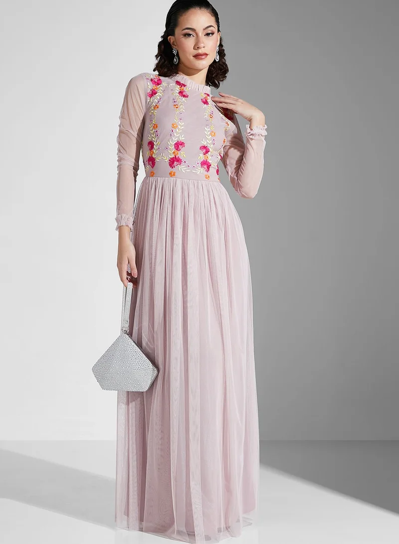 Frock and Frill Embellished Plisse Mesh Dress