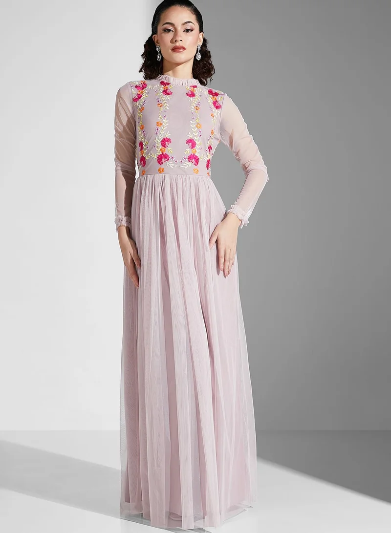 Frock and Frill Embellished Plisse Mesh Dress