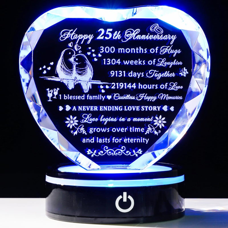 YWHL 25th Wedding Anniversary Crystal Heart Gifts for Couple Parents Romantic 25 Year Anniversary Crystal Keepsake Gifts for Wife Husband with LED Base 25 Years of Marriage Gifts for Her Him