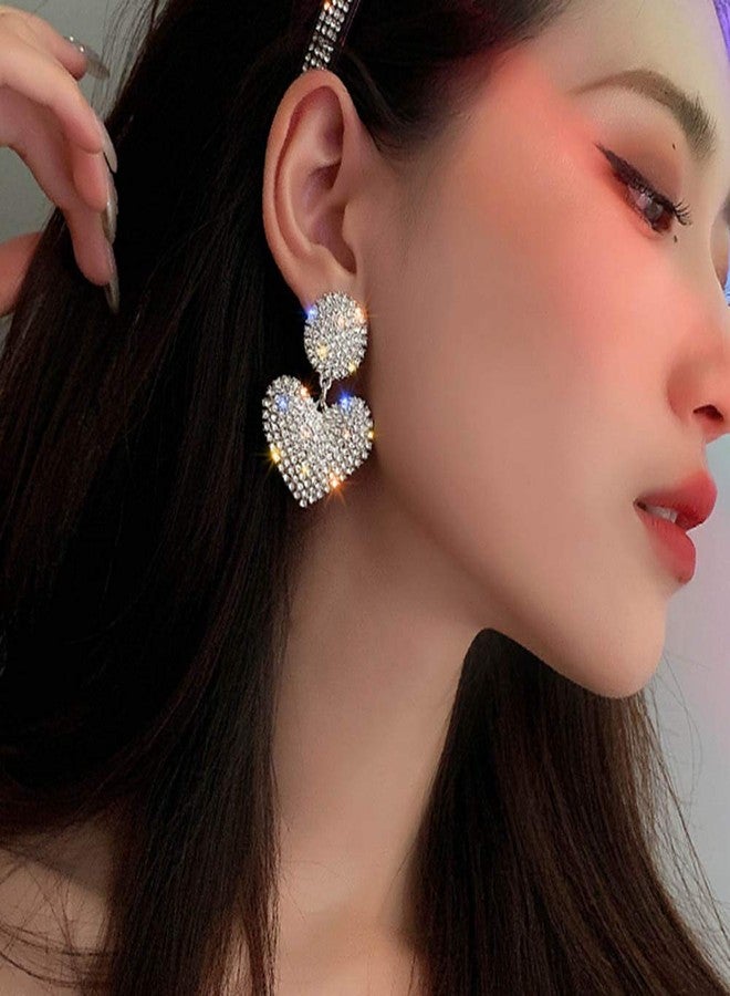 Xerling Full Clear Rhinestones Love Heart Drop Dangle Hoop Earrings Sparkling Glitter Jewelry Crystal Stud Earrings for Wedding Party - Image 1
