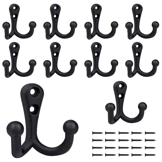 10 PACK COAT HOOKS HEAVY DUTY COATS HOOK VINTAGE DOUBLE PRONG WALL MOUNTED WITH SCREWS RETRO DOUBLE ROBE HOOKS UTILITY HOOKS FOR COAT SCARF BAG TOWEL KEY CAP CUP HAT BLACK