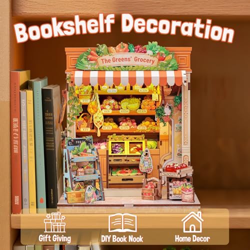 Fsolis Book Nook Kit DIY Miniature House Kit for Adults Mini Scene House Tiny 3D Puzzles Bookshelf Diorama Decor Gifts for Women Teenagers Book Lovers The Greens Grocery - Image 5