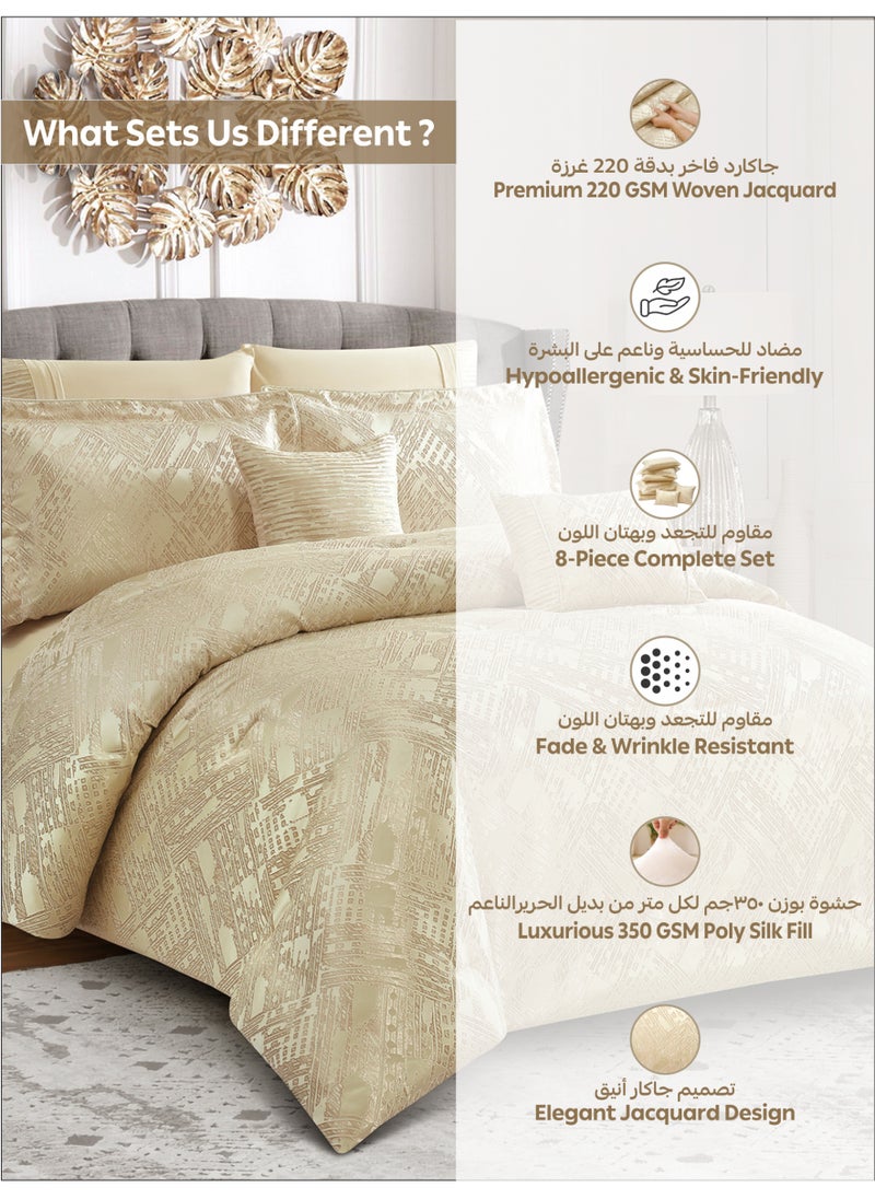 Premium King Size Comforter Set 8-Pcs, Elegant Jacquard Bedding Set with 350 GSM Poly Silk Fill, Soft & Luxurious All Season Bed Set