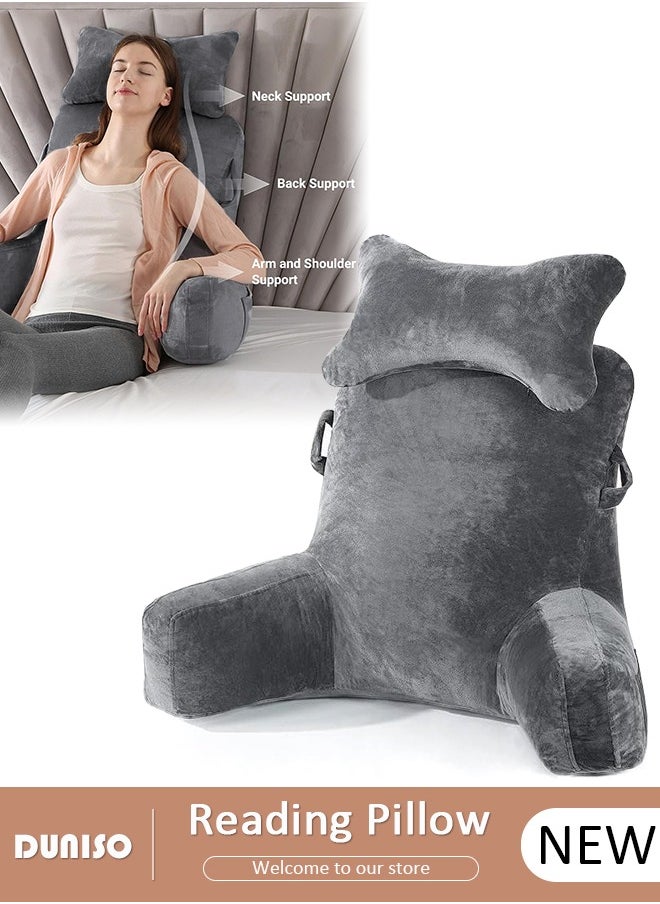 DUNISO - Reading Pillow, Large Bed Rest Pillow with Detachable Neck Roll,Backrest with Arms，Pockets and Washable Cover, for Sitting in Bed or Couch-Backrest Reading Pillow Adult Back Pillows for Reading,Watching TV,Gaming,Relaxing - Image 1