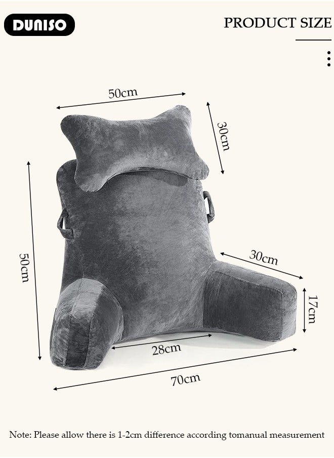 DUNISO - Reading Pillow, Large Bed Rest Pillow with Detachable Neck Roll,Backrest with Arms，Pockets and Washable Cover, for Sitting in Bed or Couch-Backrest Reading Pillow Adult Back Pillows for Reading,Watching TV,Gaming,Relaxing - Image 1