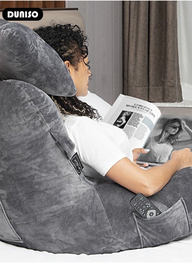 DUNISO - Reading Pillow, Large Bed Rest Pillow with Detachable Neck Roll,Backrest with Arms，Pockets and Washable Cover, for Sitting in Bed or Couch-Backrest Reading Pillow Adult Back Pillows for Reading,Watching TV,Gaming,Relaxing - Image 1