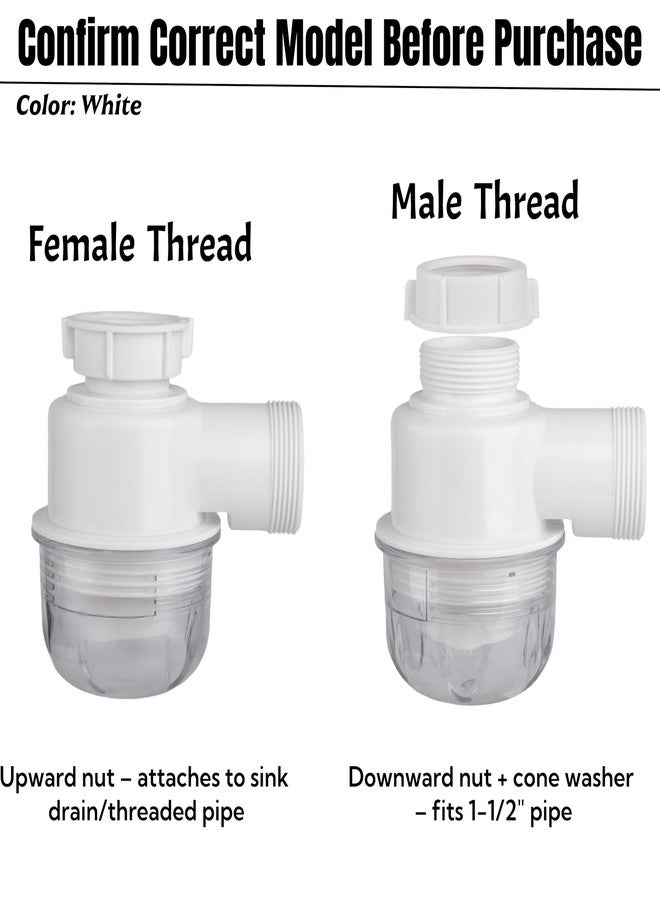 COLDDD 1-1/2"×1-1/2" Clear Removable Bottle Trap, P-Trap Replacement, Easy Cleaning, for Kitchen, Bathroom & Garbage Disposal Sink Drain (White-Male) - Image 2