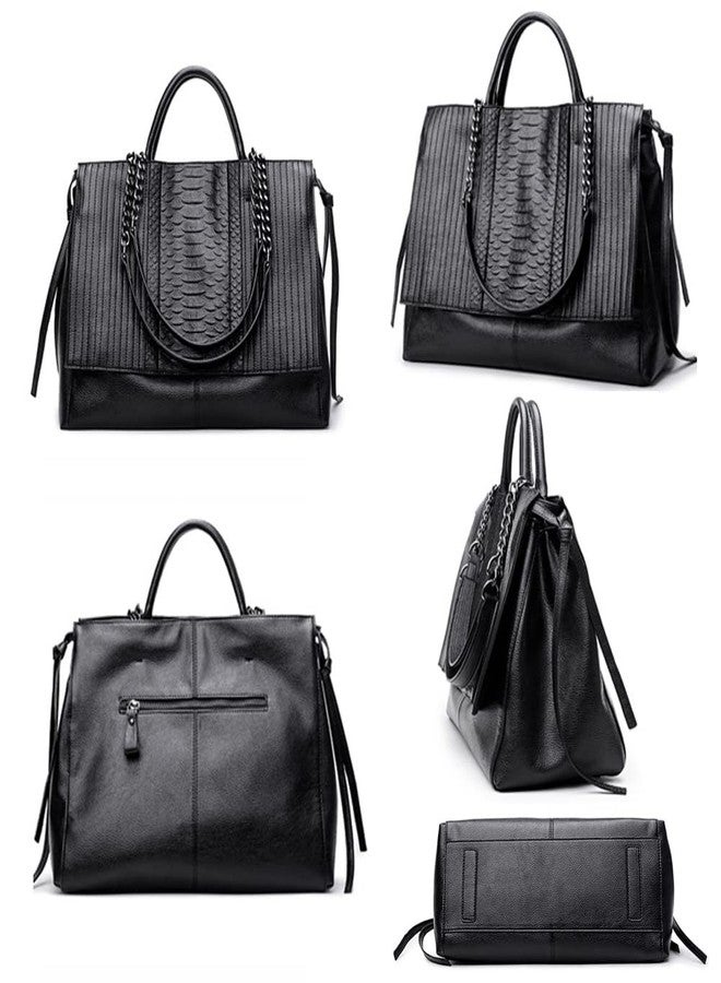 NIGEDU Women Handbag Crocodile Patterned PU Leather Tote Handbags Women's Chain Shoulder Bag Large Black Totes (Black) - Image 5