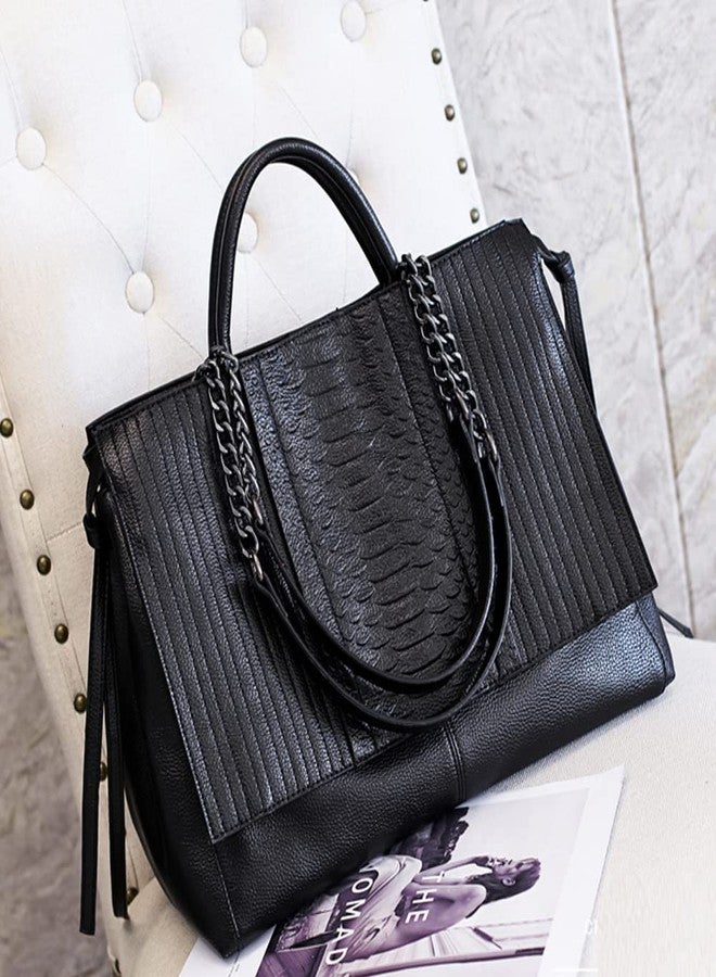 NIGEDU Women Handbag Crocodile Patterned PU Leather Tote Handbags Women's Chain Shoulder Bag Large Black Totes (Black) - Image 4