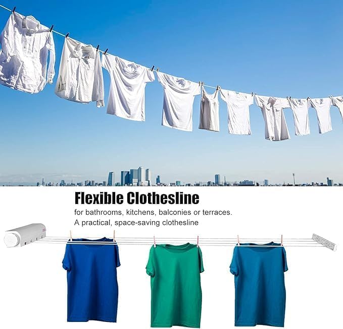 RHYDON Adjustable Telescopic Clothesline Rope Extendable Reel Airer 3m Nylon Clothesline Indoor Outdoor Wall Hanger Laundry Rope Clothes Drying Rack Retractable Washing Line - Image 5