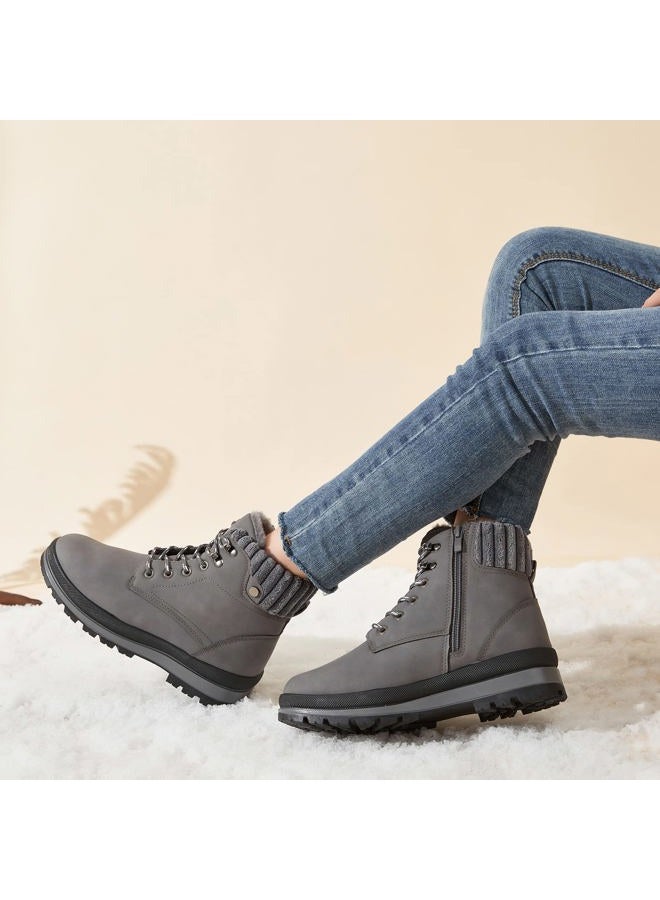 BABUDOG Womens Waterproof Ankle Boots for Outdoor Non Slip Outsole Fashion Combat Boots with Side Zipper,Warm Fur Lined Winter Snow Boots Grey 8, 39 EU - Image 2
