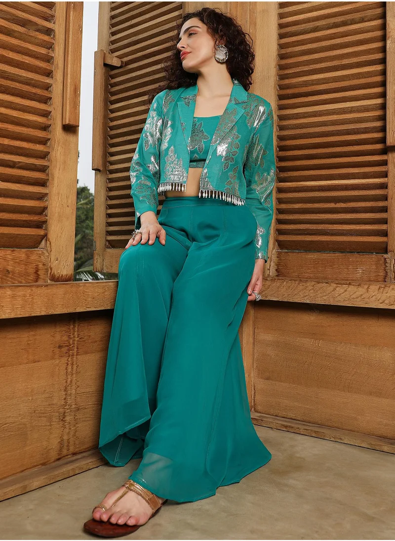  قصة Women's Teal Green Plume Threads Co-Ord Set