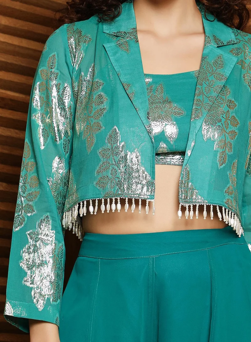 QISSA Women's Teal Green Plume Threads Co-Ord Set